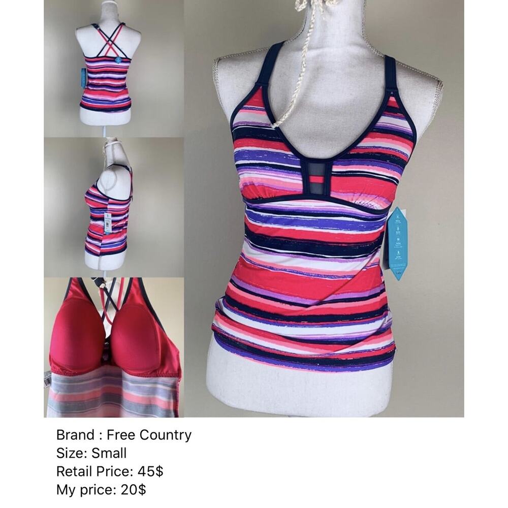 Free Country Tankini Top Sexy Swimwear (Small) Pink Cross BacK Padded